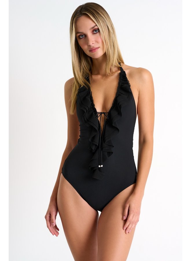 Maillot une-pièce au col plongeant sc - Caviar